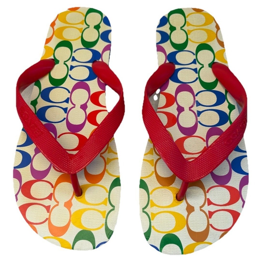 COACH Zak Flip Flops Rainbow Pride Signature C Logo Sandals Women's Size 7-8M